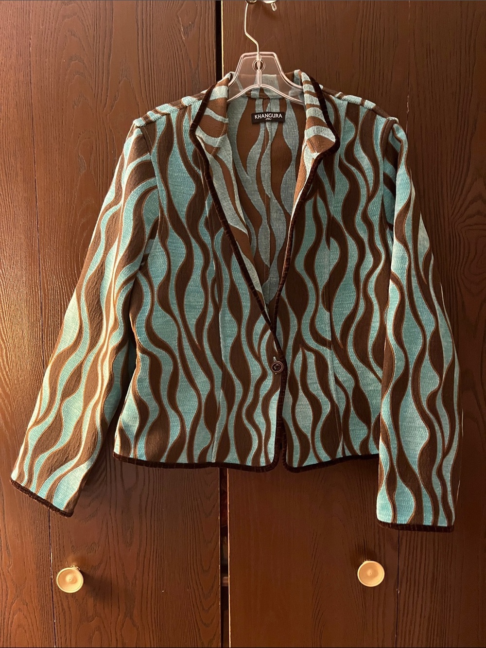 Khangura long sleeved turquoise and brown velvety jacket. Size PXL